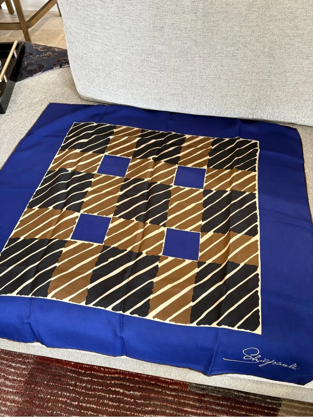 Vintage Schiaparelli Silk Scarf in Royal Blue, Black and Brown